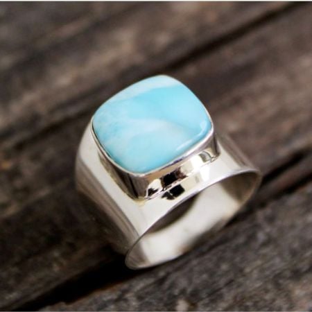 Handmade Silver Plated Brass Ring with Larimar Gemstone for Men and Women